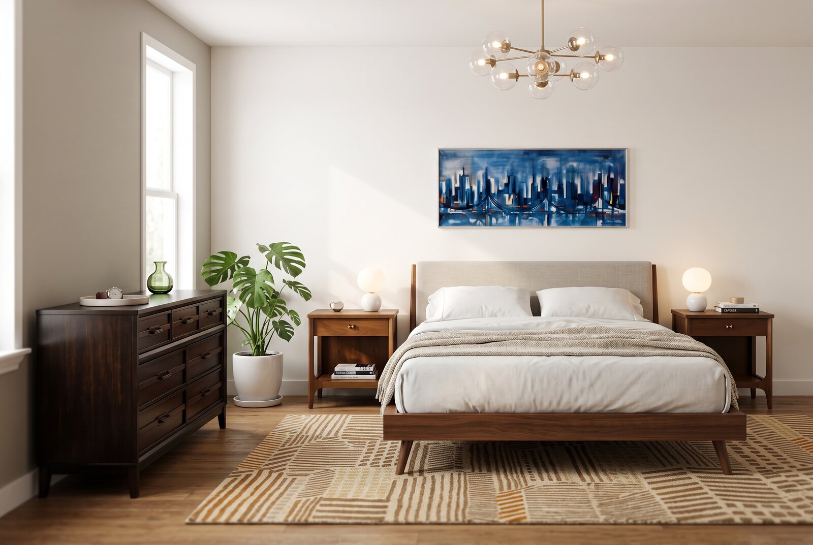 Staged mid-century modern bedroom