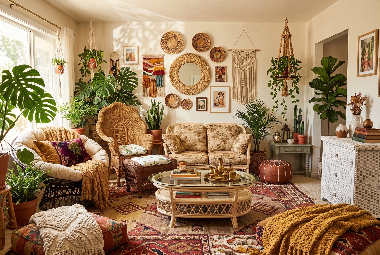 Staged maximalist bohemian living room