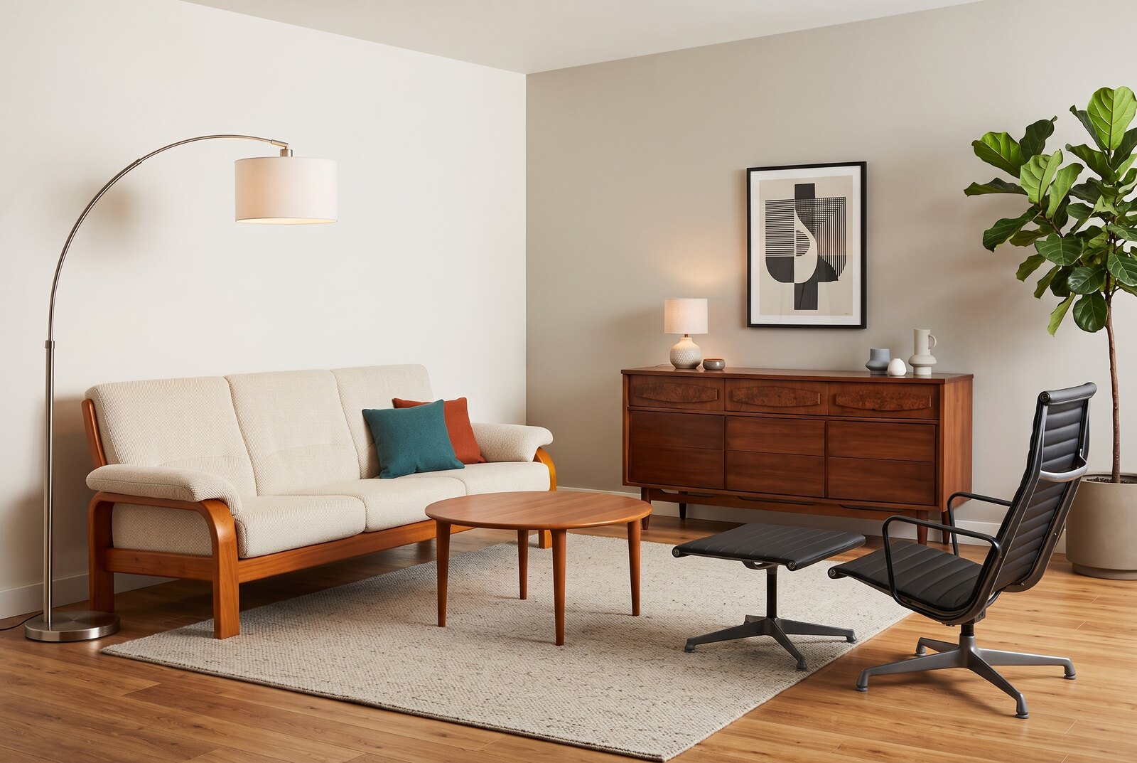 Staged mid-century modern living room